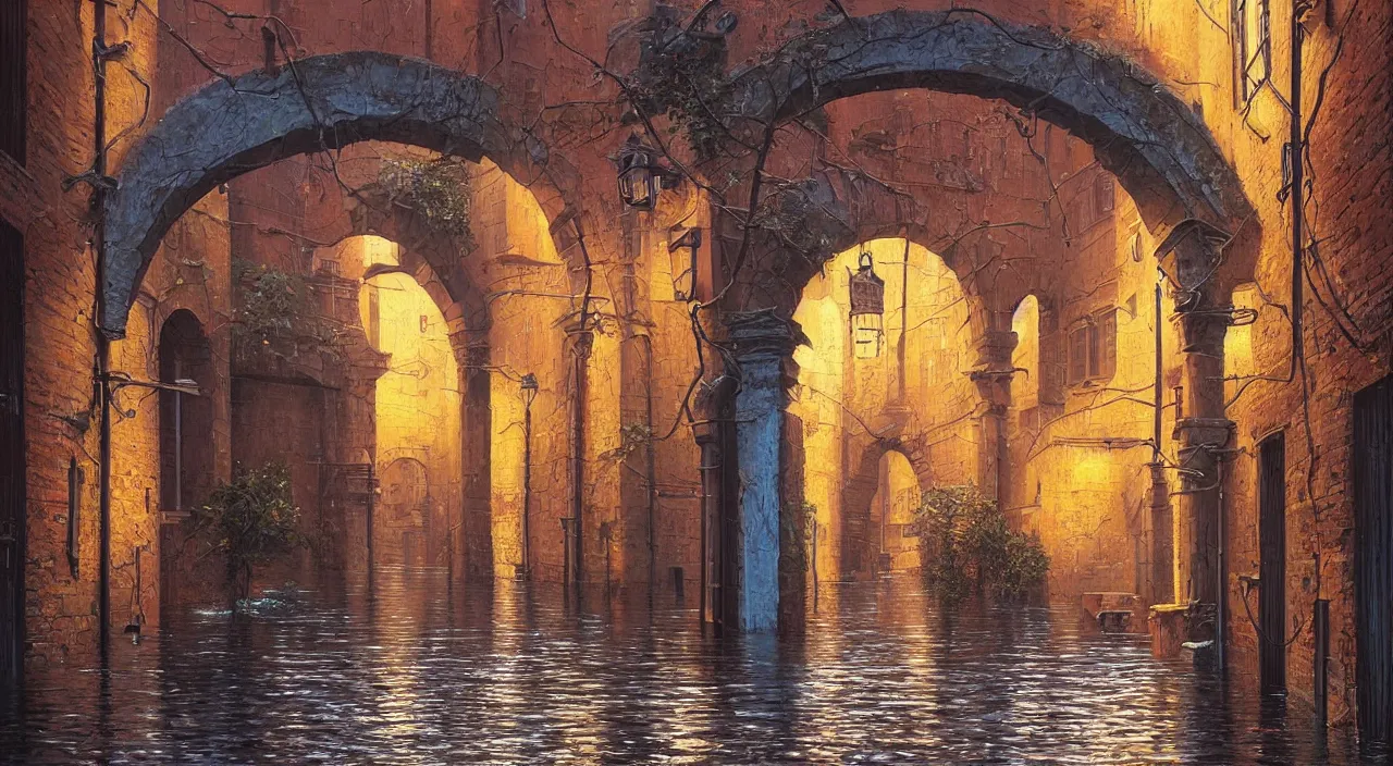 Prompt: a high contrast! painting of a minimalist ultradetailed photorealistic flooded ancient street empty arch by evgeny lushpin, full - length view, vibrant colors, symmetry, great composition, cinematic lighting, masterpiece