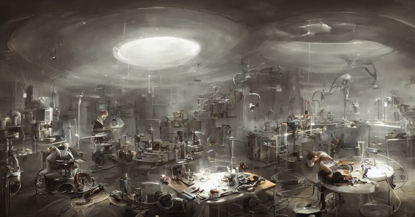 Prompt: engineer repairs broken flying saucer full of modern equipment, in the laboratory full of tools and machines, high detail, realistic characters, volume raytracing fog, wet reflective ground, by james paick, by ilm, by digital domain, by weta digital