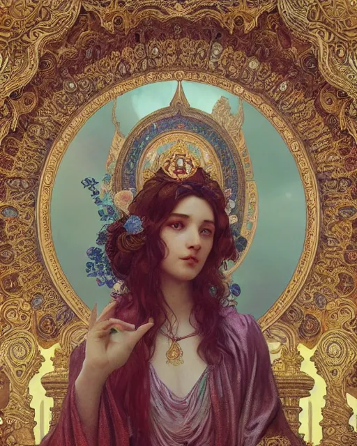 Prompt: a beautiful intricate exquisite imaginative exciting northern classical close up portrait of angel of wisdom sitting with elegant looks, ornate flowing robe, magical intricate and holy by ruan jia, tom bagshaw, alphonse mucha, krenz cushart, beautiful palace ruins in the background, epic sky, vray render, artstation, deviantart, pinterest, 5 0 0 px models