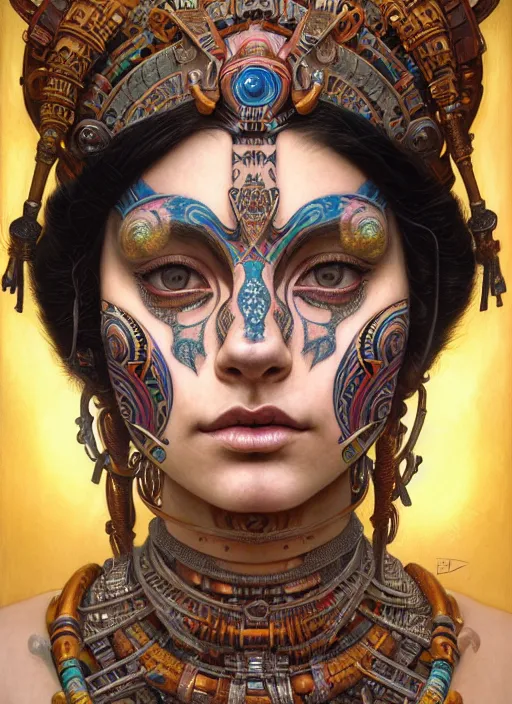 Prompt: hyper detailed masterpiece beautiful aztec face tattoo girl by donato giancola and tom bagshaw, face by artgerm and edmund leighton, and h. r. giger, trending on artstation, colorful, psychedelic aesthetic, ornate, background by james jean, 8 k, biomechanical, majestic, volumetric lighting, porcelain skin, concept art, sharp focus