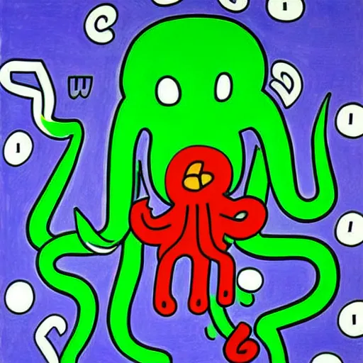 Prompt: minimalist painting of cthulhu, by keith haring