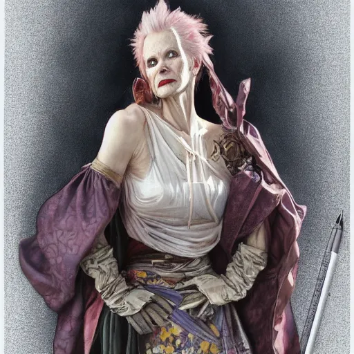 Image similar to amazing lifelike award winning pencil illustration of vivienne westwood in final fantasy 1 5 fantasy costume trending on art station artgerm greg rutkowski alphonse mucha cinematic