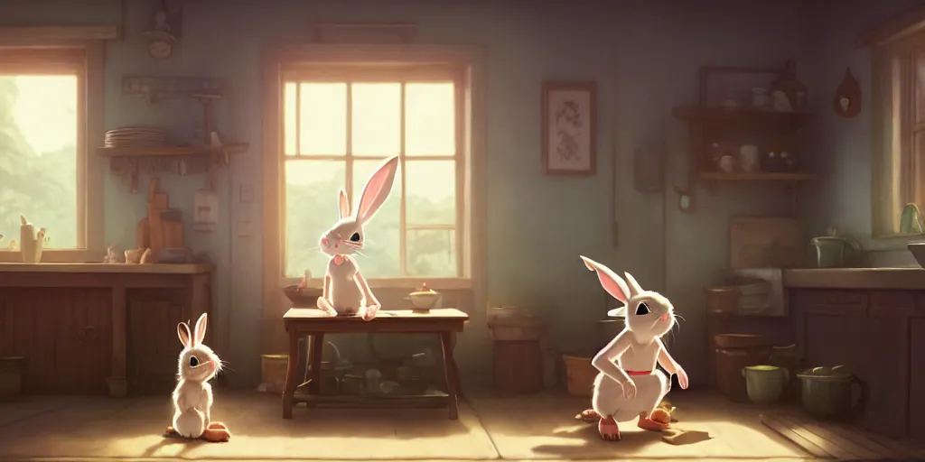 Image similar to a wholesome animation key shot of a cute rabbit boy stretching in a cottage kitchen, medium shot, studio ghibli, pixar and disney animation, sharp, rendered in unreal engine 5, anime key art by greg rutkowski, bloom, dramatic lighting