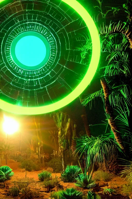 Image similar to a luminous circular stargate in the desert through which a lush jungle is visible