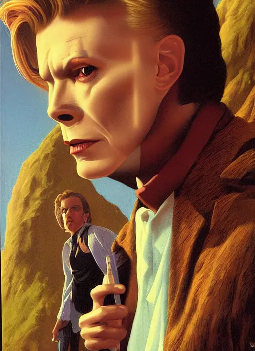 Image similar to twin peaks poster art, portrait of david bowie fights off the temptation to deindividuation, by michael whelan, rossetti bouguereau, artgerm, retro, nostalgic, old fashioned