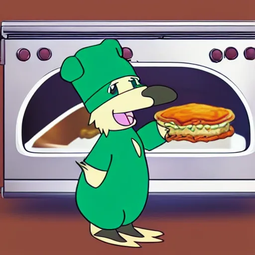 Image similar to anime style cute platypus on a kitchen wearing a chef hat and holding a lasagna into an oven, anime style, 3 d, chibi style, kawaii