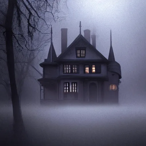 Image similar to a creepy house in the middle of a foggy night, poster art by john carpenter, shutterstock contest winner, gothic art, movie poster, horror film, gothic