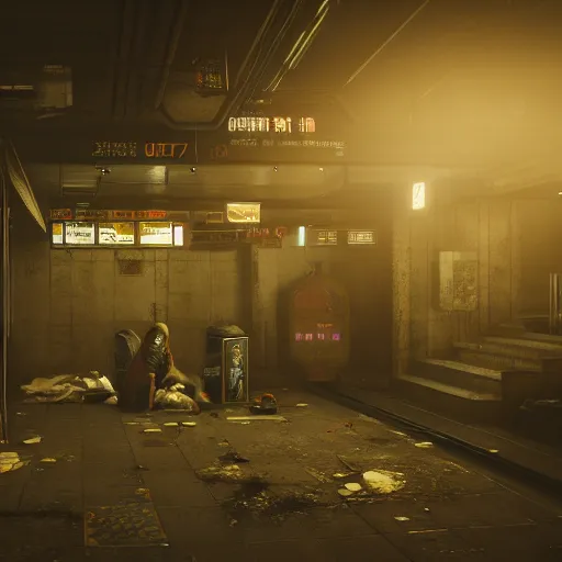 Image similar to abandoned underground subway homeless filthy horror slum low light sadness lonely. Cyberpunk 2077. CP2077. 3840 x 2160