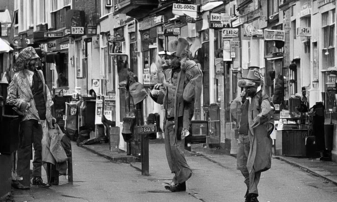 Prompt: leprechaun standing on the streets of 1 9 8 0 ies british town, press photo