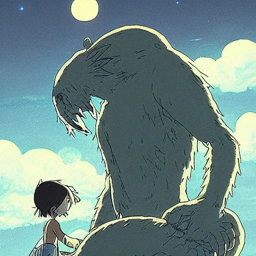 Prompt: monster made by studio ghibli ( in the night ), 8 k, smooth, fairy, high detail, high quality, beautiful scene