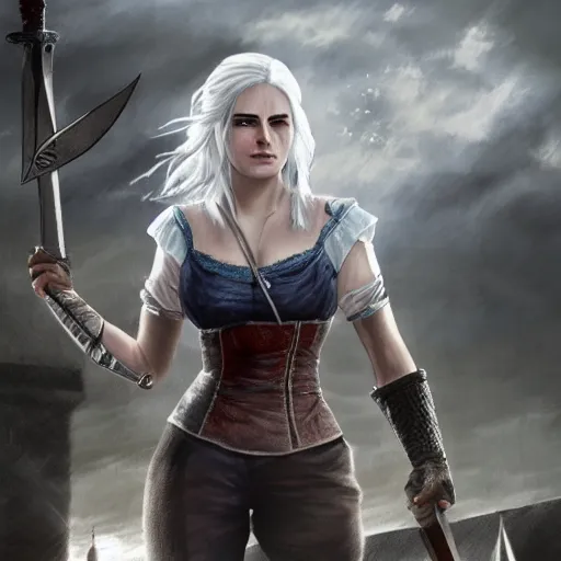 Prompt: Ciri from the Witcher standing on a roof holding a sword, realistic digital art.