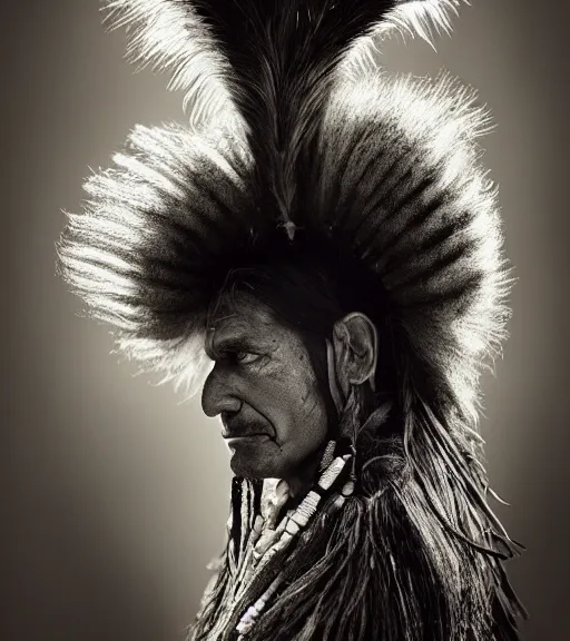 Image similar to Award winning Editorial photo of a Native Iroquois with incredible hair wearing traditional garb by Edward Sherriff Curtis and Lee Jeffries, 85mm ND 5, perfect lighting, gelatin silver process