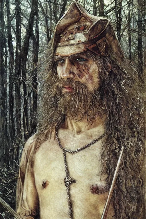 Image similar to slavic dog head man, woolen torso in medieval clothes, hiding in the forest, orthodox saint christopher, art by luis royo, oil painting, painting by viktor vasnetsov, concept art, hyperrealism, beautiful, high resolution, trending on artstation,