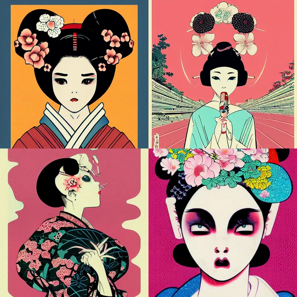Prompt: beautiful vogue geisha by hokusai, hikari shimoda, shinsui ito, classic shoujo, in the style of 6 0 s pop art, fantastic planet, minimalist poster art, screen print texture, pastel colors, gothic, retrofuturism, sticker art, icon, skull