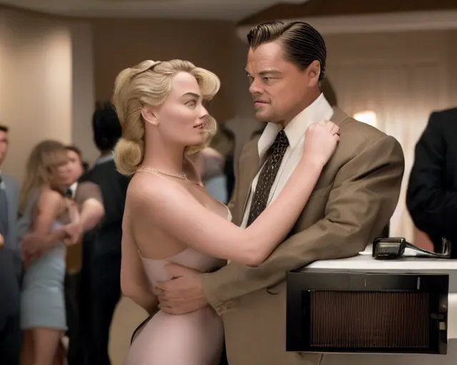 Image similar to leonardo dicaprio as the wolf of wall street next to margot robbie as naomi from the wolf of wall street, hyper realistic faces, hyper realistic eyes, cinematic, long shot, hyper detailed, 8 5 mm photograph, 8 k resolution, film still, sharp lens, wide lens