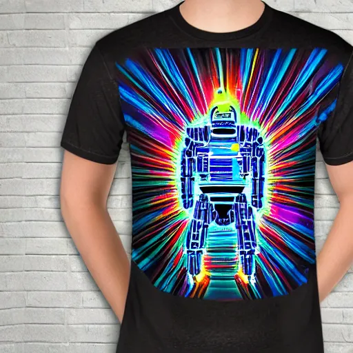 Prompt: photo of a black tshirt with a hyperdetailed portrait of a futuristic trippy atompunk meditating robot, 8 k, symetrical, flourescent colors, halluzinogenic, multicolored tshirt art,