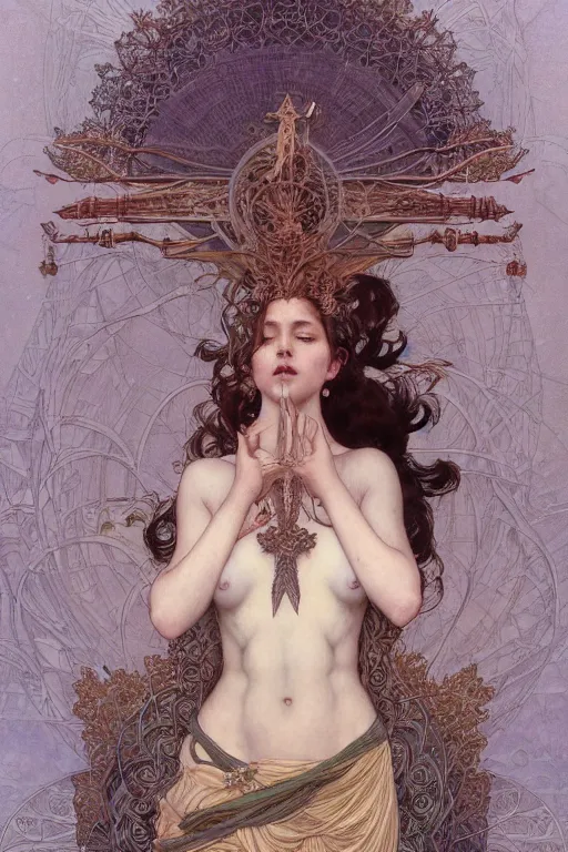 Prompt: a full body portrait of a beautiful ethereal delicate botanical mage queen meditative sacral pose catholic stages of the cross, intricate, elegant, highly detailed, digital painting, artstation, concept art, smooth, sharp focus, illustration, art by krenz cushart and artem demura and alphonse mucha