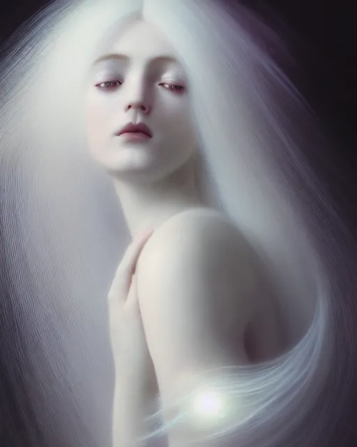 Prompt: soft, delicate, dreamy, feminine, subsurface scattering, white, young beautiful goddess in cosmos with very long white hair floating in air, fluid smoke art, black and white, octane render, dino valls, mark ryden, joe fenton, michal karcz, highly detailed, rim light, art, cinematic lighting, very coherent, hyper realism, 8 k