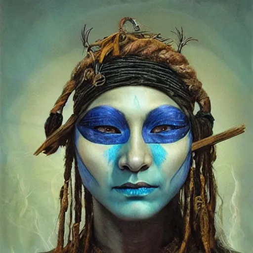 Image similar to A young blindfolded shaman woman with a decorated headband, in the style of heilung, blue hair dreadlocks and wood on her head., made by karol bak