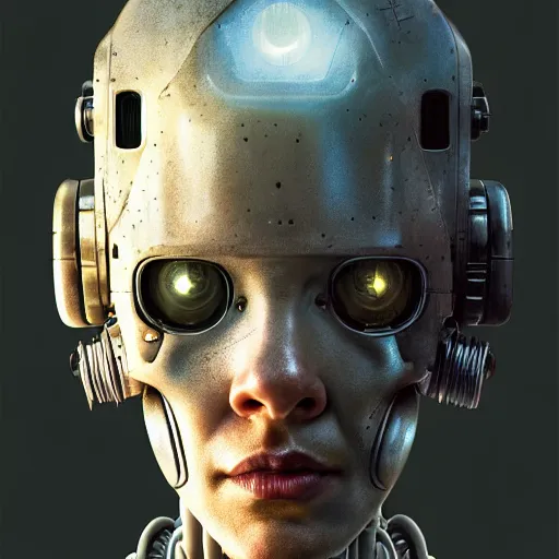 Image similar to detailed character concept art portrait of a detailed and hi - tech diesel punk robot ’ s face, depth of field background, artstation, award - winning realistic sci - fi concept art by greg rutkowski and yoshitaka amano, in the style of james gurney, flat pop color surrealist illustration.