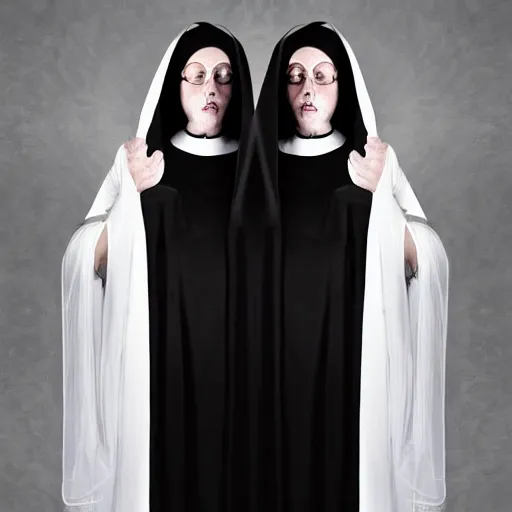 Prompt: award winning photo Floating twin nuns wearing translucent habits, see through dress, Very long arms, in a bedroom, eerie, frightening —width 1024 —height 1024