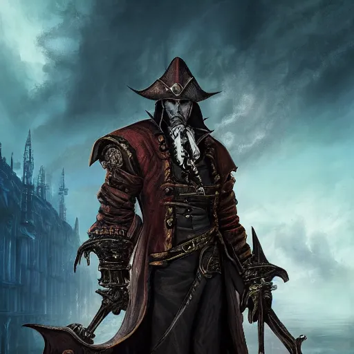 Prompt: Magic the gathering card of Male Victorian Gothic Pirate, hd, intricate, bloodborne, 8k, digital art