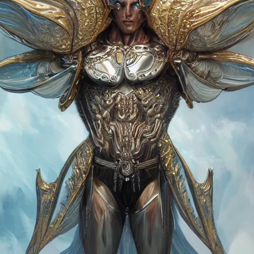 Image similar to a beautiful muscular symmetrical male angel wearing a silver armor with golden ornaments and diamonds jewelry by alex gray and android jones, karol bak, ayami kojima, amano, concept art, character design, fantasy, 3 d, 8 k resolution