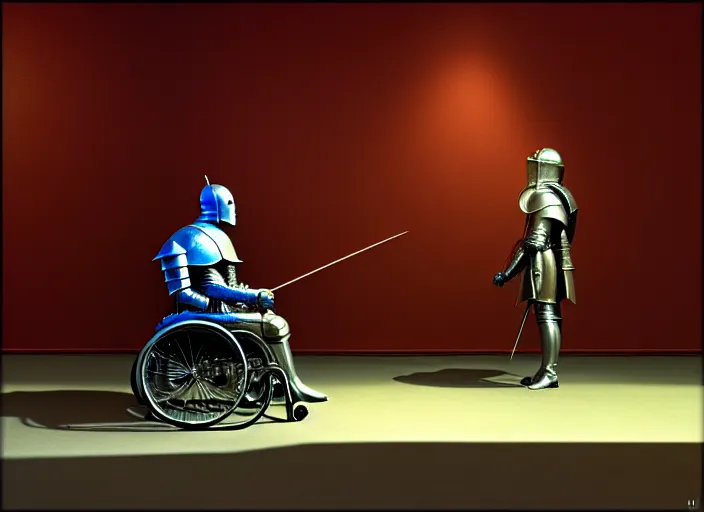 Image similar to knight in armor in a wheelchair do tricks, minsk, highly detailed, soft lighting, elegant, works by edward hopper and james gillard, zdislaw beksinski, stephen outram, andreas m wiese, highly detailed, masterpiece. rendered in blender, smooth shadows, ultra detail, high resolution, unreal 6, 8 k