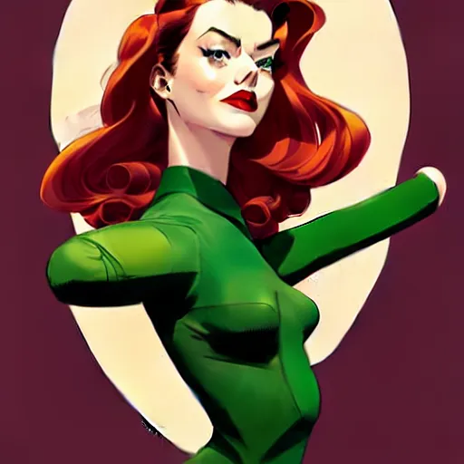 Image similar to joshua middleton, phil noto, artgerm, 1 9 5 0 s rockabilly emma stone poison ivy dc comics, pompadour, vines, symmetrical eyes, city rooftop