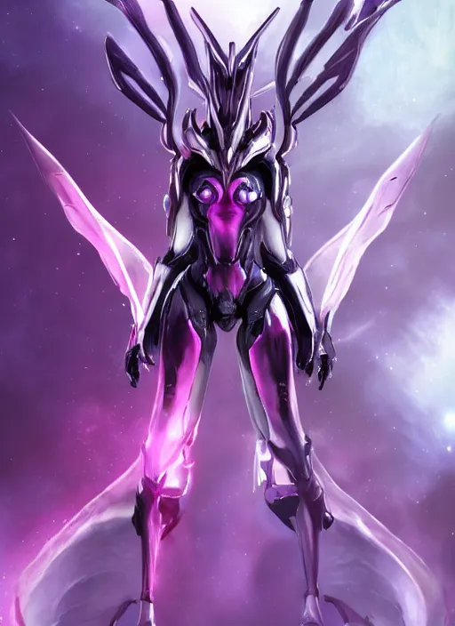 Image similar to cinematic goddess close shot, galactic sized proportional stunning beautiful hot female warframe, sleek mecha female dragon head, metal ears, led purple eyes, smooth fuschia skin, smooth silver armor, floating in space, holding a galaxy, epic proportions, epic size, epic scale, furry art, dragon art, giantess art, warframe fanart, furaffinity, octane