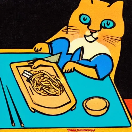 Prompt: fat cat eating noodles on toast, roaring 2 0 s art style