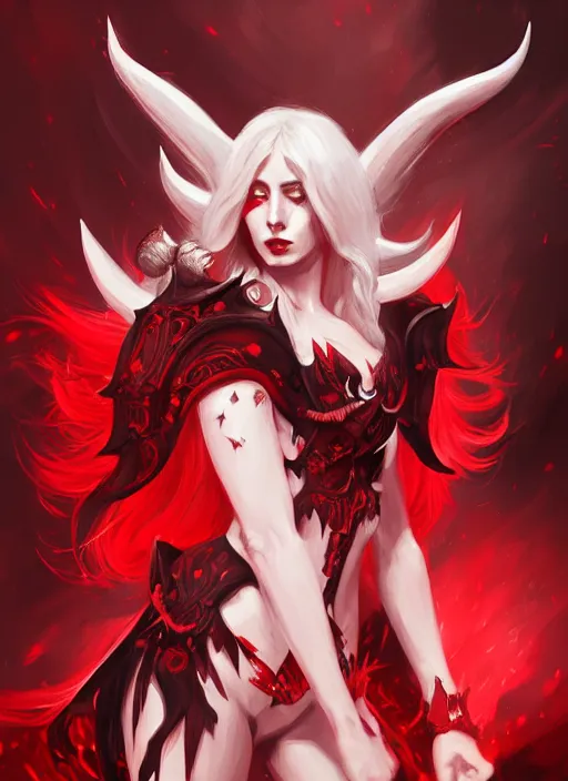 Prompt: a highly detailed illustration of fierce beautiful long white haired horned demon woman wearing red and black battle dress, dramatic imposing pose, intricate, elegant, highly detailed, centered, digital painting, artstation, concept art, smooth, sharp focus, league of legends concept art, wlop.