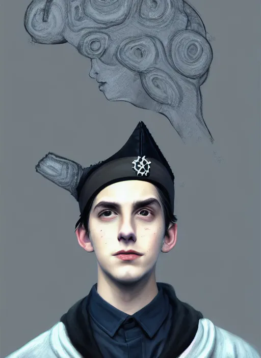 Image similar to portrait of teenage jughead jones wearing a light grey crown, photorealistic, crown, eyes closed, crown, black hair, intricate, elegant, glowing lights, highly detailed, digital painting, artstation, concept art, smooth, sharp focus, illustration, art by wlop, mars ravelo and greg rutkowski