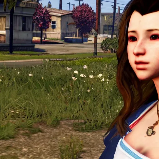 Image similar to Screenshot of Aerith Gainsborough in the game GTA V, highly detailed