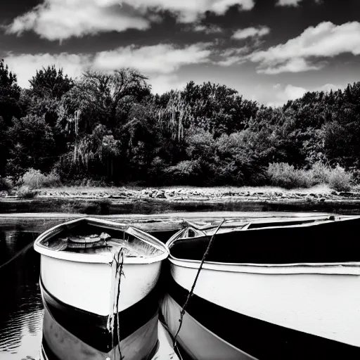 Image similar to two boats on a river, black and white photo, highly detailed, dlsr