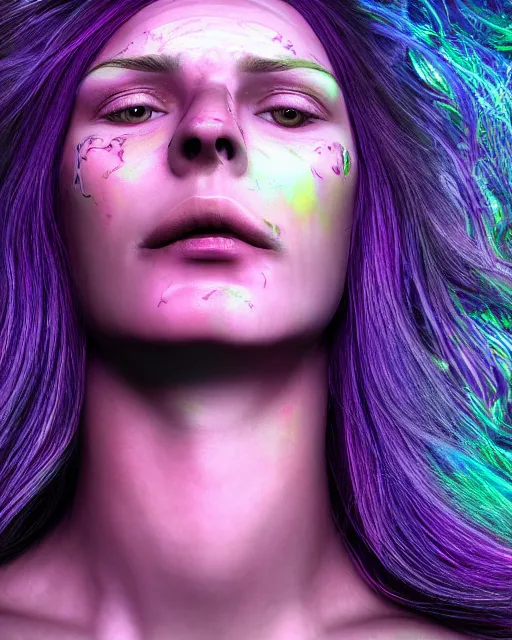 Prompt: portrait ultra dimensional beautiful woman with purple hair entity, accidentally tripping on dmt and acid, psychedelic experience, overwhelming psychosis of self realization and burning awakening, ultra high definition, unreal engine 5, hyperrealism, masterpiece composition, by casey weldon, barclay shaw 8 k photorealistic