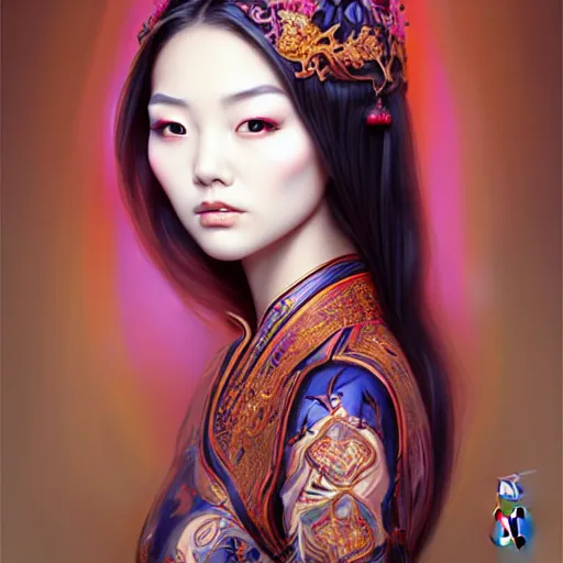 Image similar to symmetrical painting, a beautiful young chinese female in dress, pretty, perfect face, elegant, ornate, luxury, elite, matte painting, by artgrem, by james jean, by ross tran - h 6 0 0