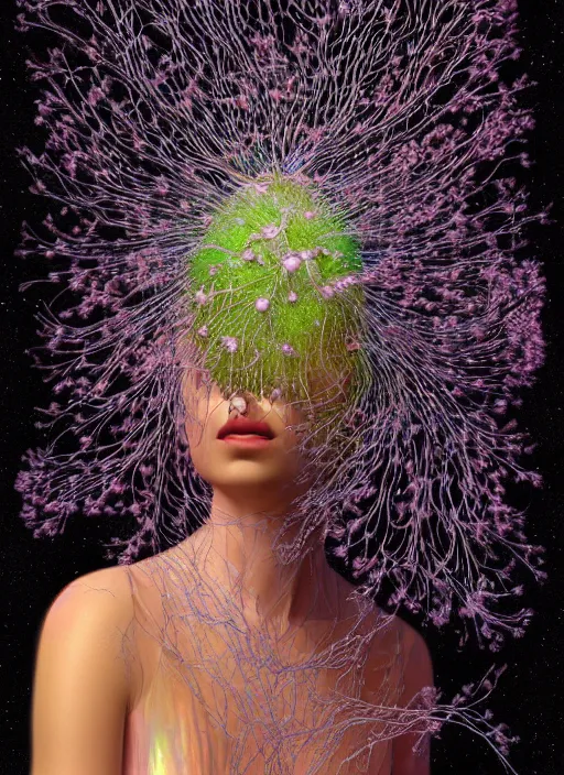 Prompt: hyper detailed 3d render like a Oil painting - Aurora (Singer) Eats of the Strangling Fruit and Her delicate Hands hold of gossamer polyp celium blossoms bring iridescent fungal flowers whose spores black the foolish stars by Jacek Yerka, Mariusz Lewandowski, Houdini algorithmic generative render, Abstract brush strokes, Masterpiece, Edward Hopper and James Gilleard, Zdzislaw Beksinski, Mark Ryden, Wolfgang Lettl, hints of Yayoi Kasuma, octane render, unreal engine 5 render, 8k