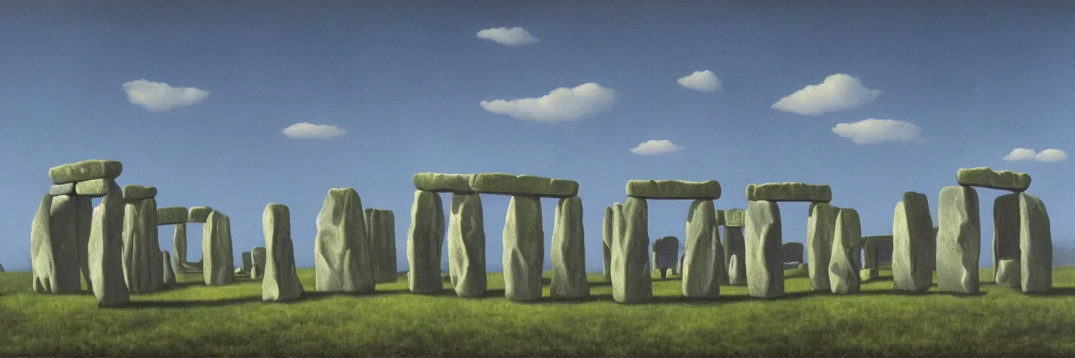 Prompt: stonehenge oil painting magritte