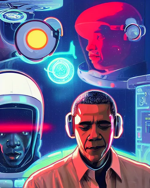 Image similar to obama as future coder man looking on, sleek cyclops display over eyes and sleek bright headphoneset, neon accent lights, holographic colors, desaturated headshot portrait digital painting by dean cornwall, rhads, john berkey, tom whalen, alex grey, alphonse mucha, donoto giancola, astronaut cyberpunk electric