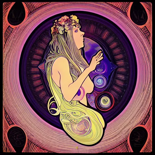 Image similar to “ beautiful extraterrestrial woman goddess standing in a style of Alphonse Mucha, fractals, alien forms, organic, 8k”