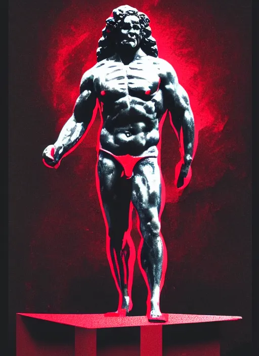 Image similar to design poster showing a statue of hercules, black background with very subtle red and purple design elements, powerful, nekro, vito acconci, graphic design, collage art, subtle thin lines, dark, glitch art, neo vaporwave, gritty, layout frame, square, trending on artstation