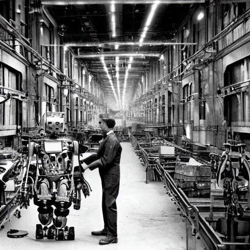 Image similar to scientists discovering a humanoid mechanical robot inside a warehouse, 1 9 2 0's sci - fi, black and white, 8 k, highly ornate intricate details, extreme detail,