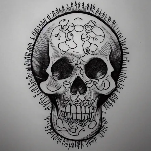 Image similar to baroque skull in the style of the Voynich manuscript outline tattoo design, black ink on white paper