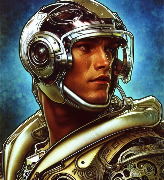 Prompt: realistic detailed face portrait of a handsome futuristic american - football - player in alien cyberpunk armor by alphonse mucha, ayami kojima, amano, greg hildebrandt, and mark brooks, female, feminine, art nouveau, cyberpunk, neo - gothic, gothic, masterpiece artwork, character concept design, bloodbowl