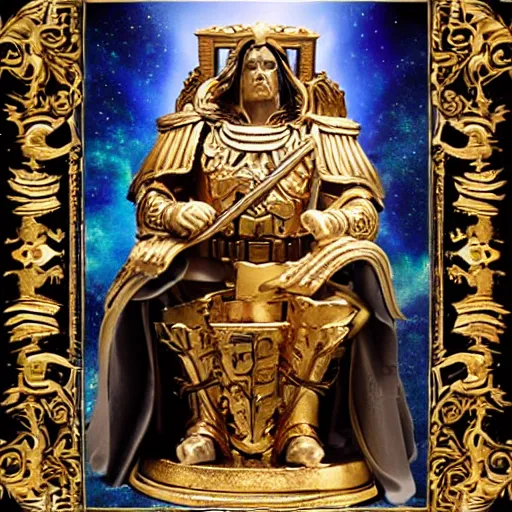 Image similar to The emperor of mankind is sitting on a golden toilet bowl