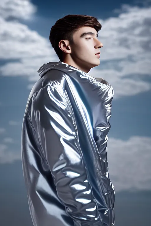 Image similar to un ultra high definition studio quality photographic art portrait of a young man standing on the rooftop of a british apartment building wearing soft baggy inflatable padded silver iridescent pearlescent clothing. three point light. extremely detailed. golden ratio, ray tracing, volumetric light, shallow depth of field. set dressed.