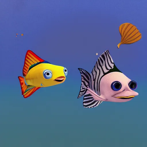 Image similar to a 3d render of two fish underwater, with a boat on top of the sea , in the style of a pixar cartoon, disney cartoon