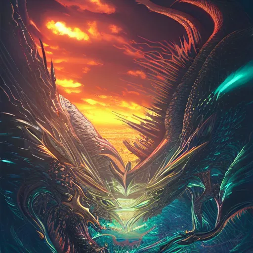 Image similar to the second dragon by dan mumford, yusuke murata, makoto shinkai, ross tran, cosmic, heavenly, god rays, intricate detail, cinematic, 8 k, cel shaded, unreal engine, featured on artstation, pixiv