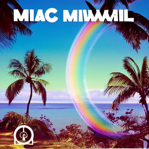 Image similar to miracle musical Hawaii part ii album cover, showing an ocean in the background, spiral transparent stairs on the left with tall palm trees behind it, a slight rainbow in the background, white outline border, moon in the right top area black and white except for the rainbow album cover rainbow text in the center reading Hawaii part ii, 80s Japanese